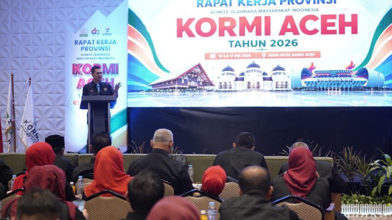 Sekda Aceh, M Nasir saat menghadiri Rapat Kerja Provinsi (Rakerprov) KORMI Aceh Tahun 2026 di Hotel Ayani, Banda Aceh, pada Ahad (17/5/2026). Foto: (Humas Aceh)