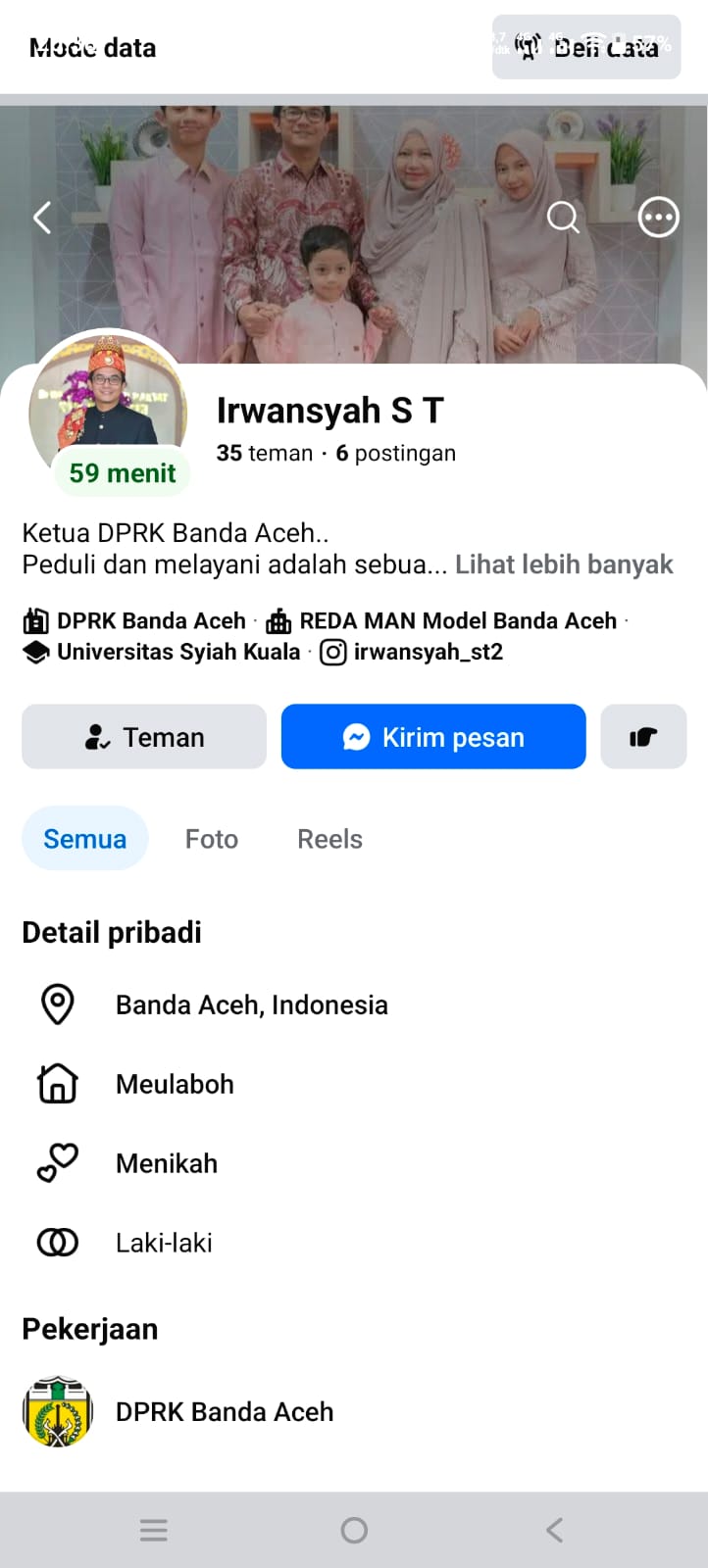 Screenshot akun media sosial palsu yang mencatut nama serta foto Ketua DPRK Banda Aceh, Irwansyah ST. Modus ini diduga digunakan untuk melakukan penipuan dan memperoleh data pribadi korban. Foto:Dok Ist